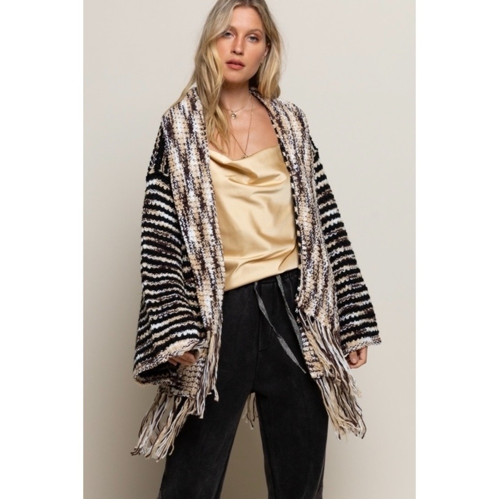 POL Beige Tan Cream Shawl Collar Cardigan with Fringe | Oversized Boho Knit - Picture 8 of 10